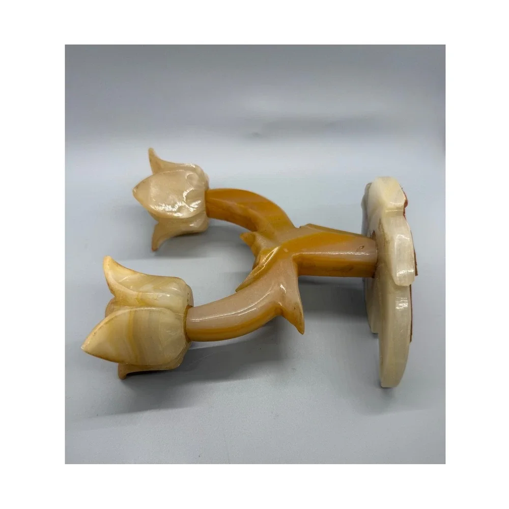 Vintage Onyx Stone Double Tulip Candle Holder Hand Carved Tan Cream 6in Heavy